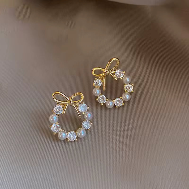Elegant Pearl Bow Stud Earrings for Women – Round Wreath Design with Zircon Detail, Korean Fashion Jewelry