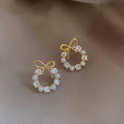 Elegant Pearl Bow Stud Earrings for Women – Round Wreath Design with Zircon Detail, Korean Fashion Jewelry